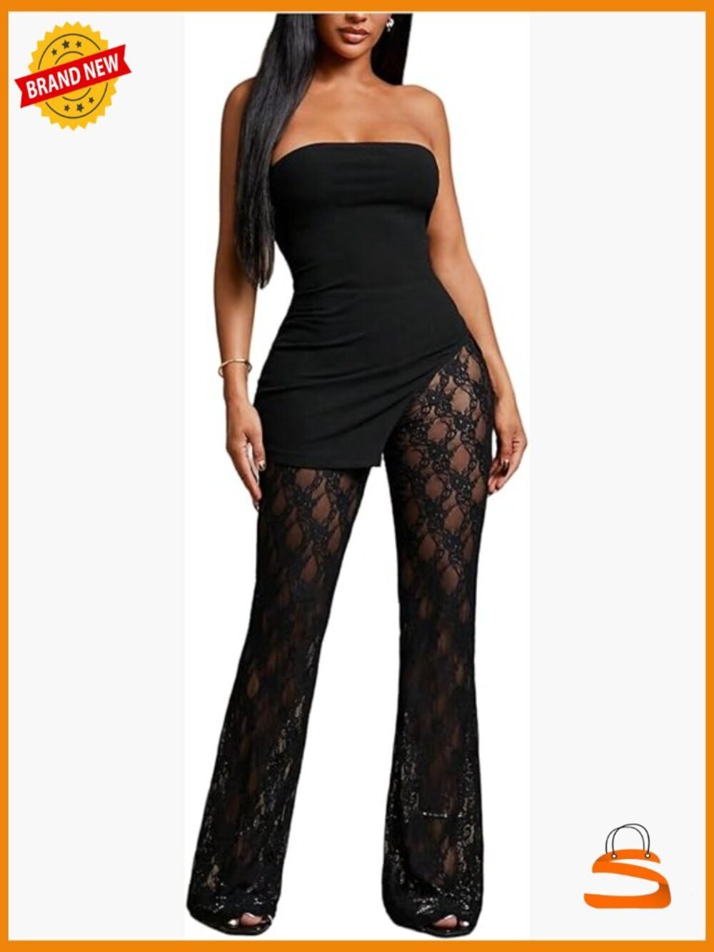Strapless Tube Top & Flare Lace Pants Two Piece Set Going Out Party Outfit